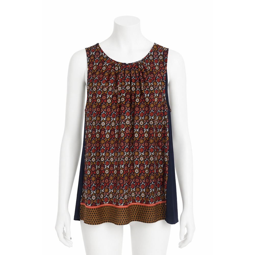 Vanessa Virginia Anthropologie Navy Medallion Print Mixed Media Tank‎ Top Small